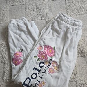 Ralph Lauren White Sweatpants with Pink Floral Embroidery